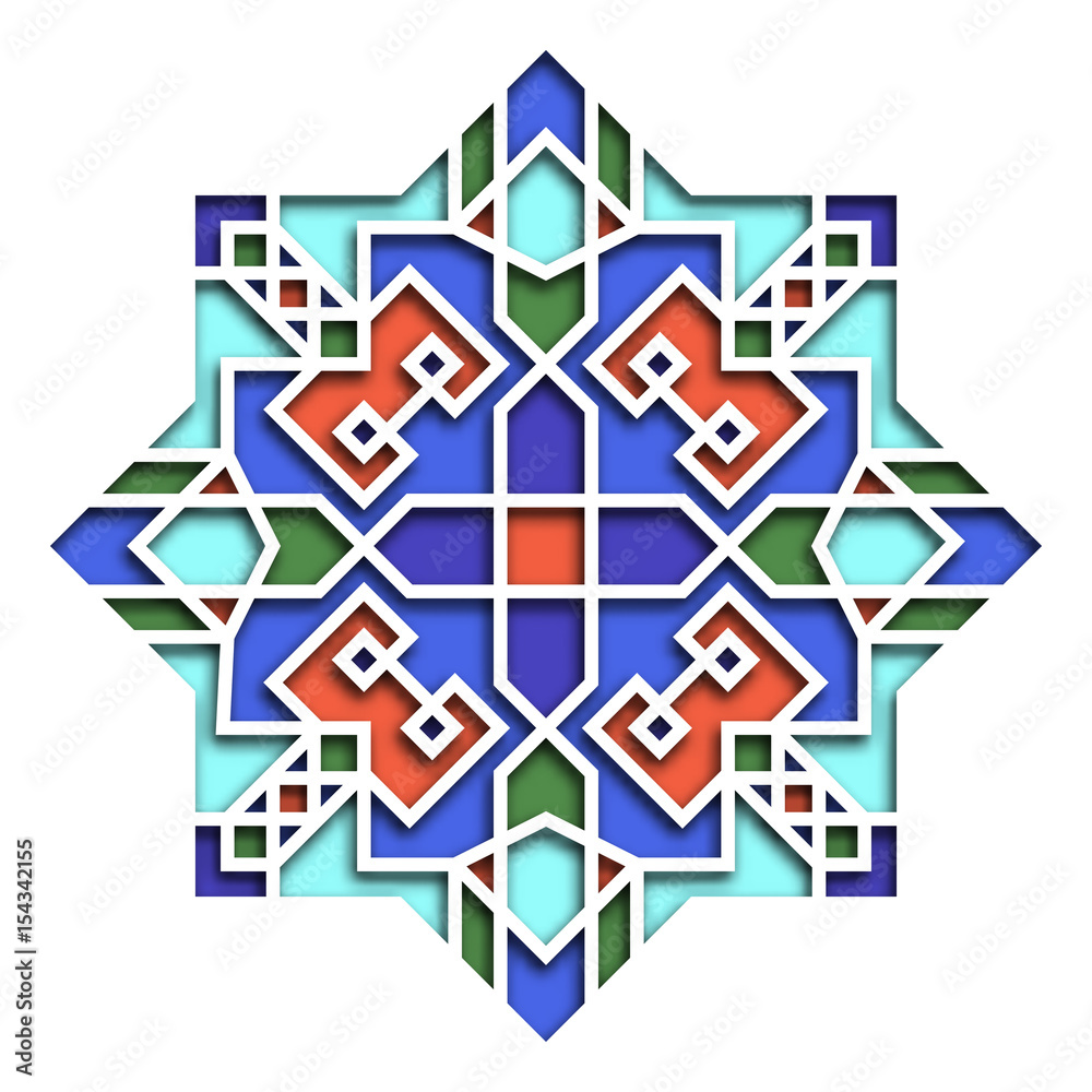 Arabesque pattern, vignette in eastern style, oriental colorful stained-glass. Illustration for Eid Mubarak, decorative islamic tile of mosque 3d