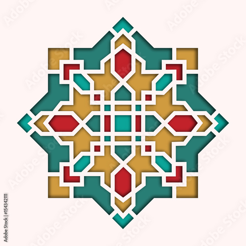 Arabesque pattern, vignette in eastern style, orient colorful stained-glass. Design for Eid Mubarak, decorative islamic tile of mosque 3d