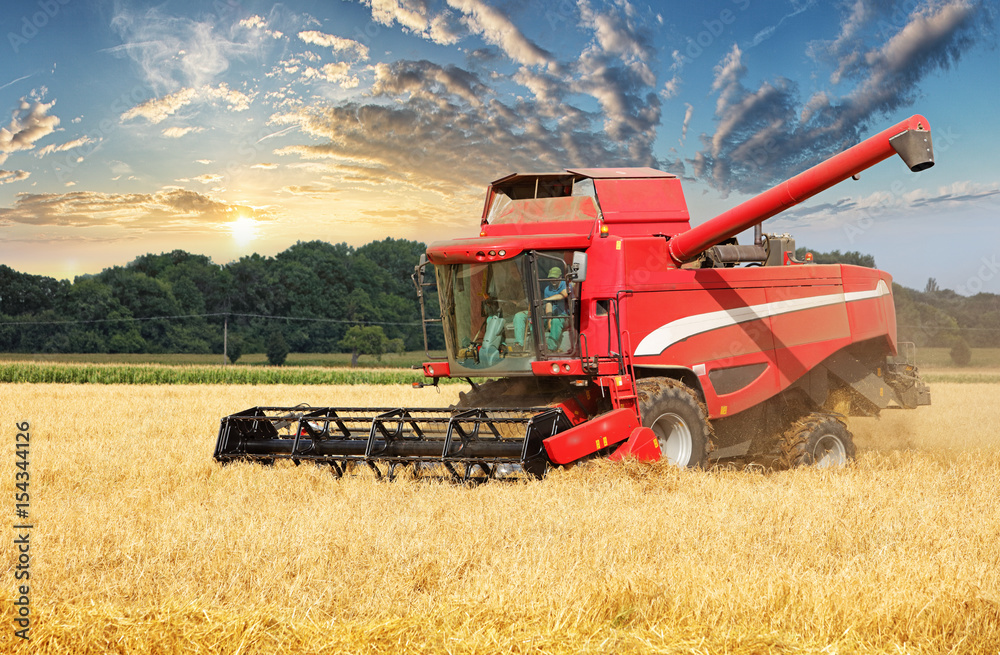 Wheat field with Harvester machine at sunset Wheat field with Harvester machine at sunset