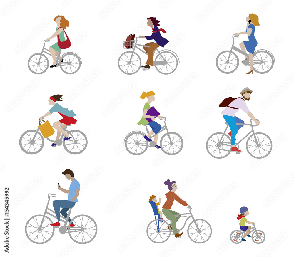 A vector illustration of adults and children ride bike on the street. People on bike in flat style isolated on white background. Character set.