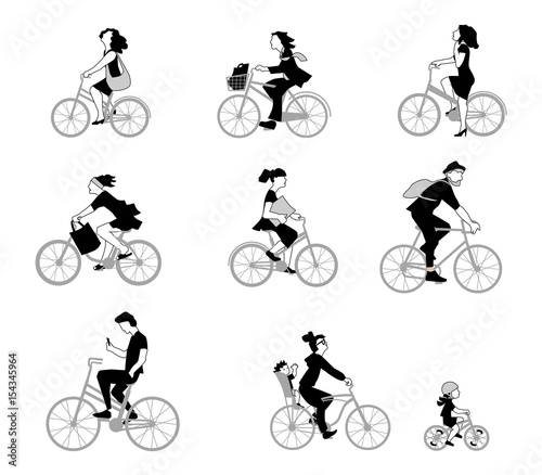 A vector illustration of adults and children ride bike on the street. People on bike in flat style isolated on white background. Character set.