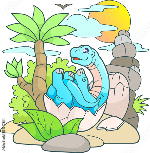 Cartoon little dinosaur hatched from egg
