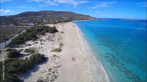Drone flight over Panagitsa beach on the Island of Elafonisos, close to south Peloponnes, in Greece..