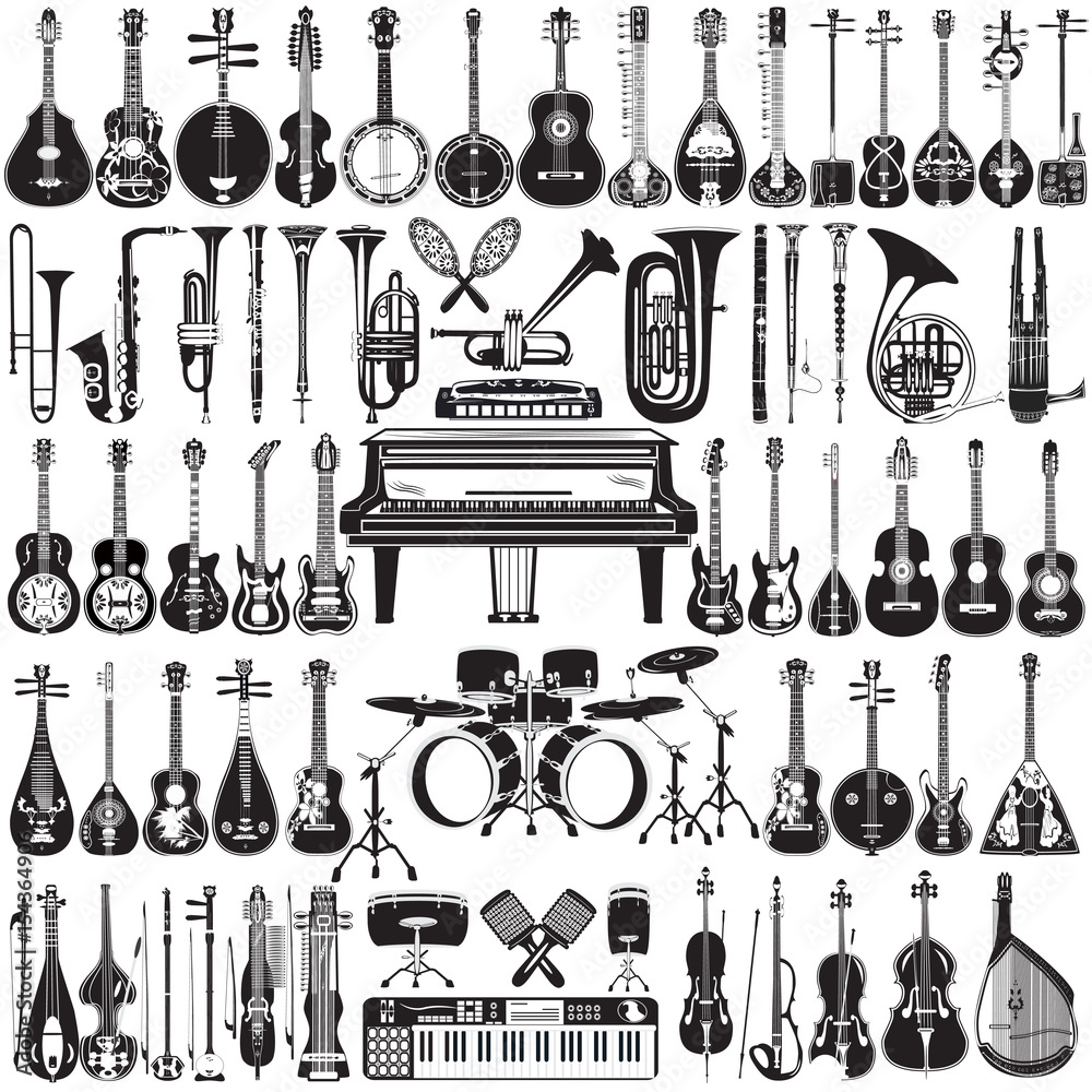 Vector set of musical instruments in flat style - obrazy, fototapety, plakaty 