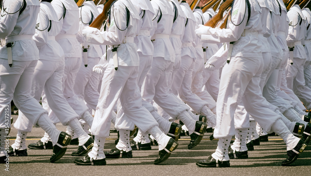 Memorial Day parade. US Navy platoon march in full dress white uniforms.  Close up Stock Photo | Adobe Stock