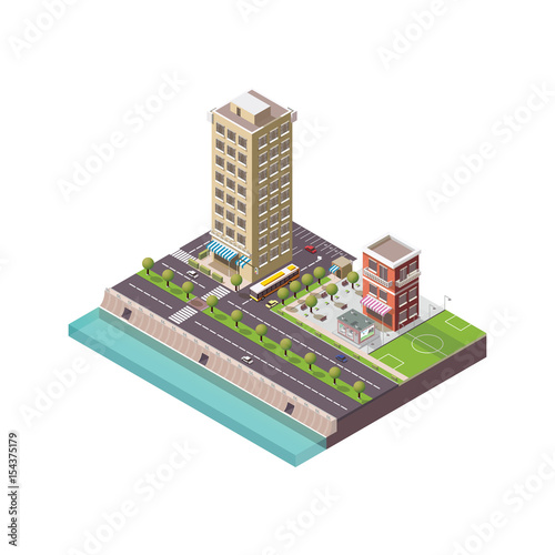 Megapolis 3d isometric three-dimensional view of the city. Collection of houses, skyscrapers, buildings, built and supermarkets with streets and traffic. The stock 