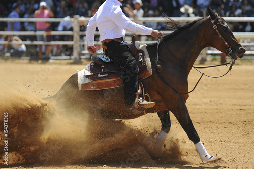 The side view of a rider in cowboy chaps and boots sliding the horse in the sand