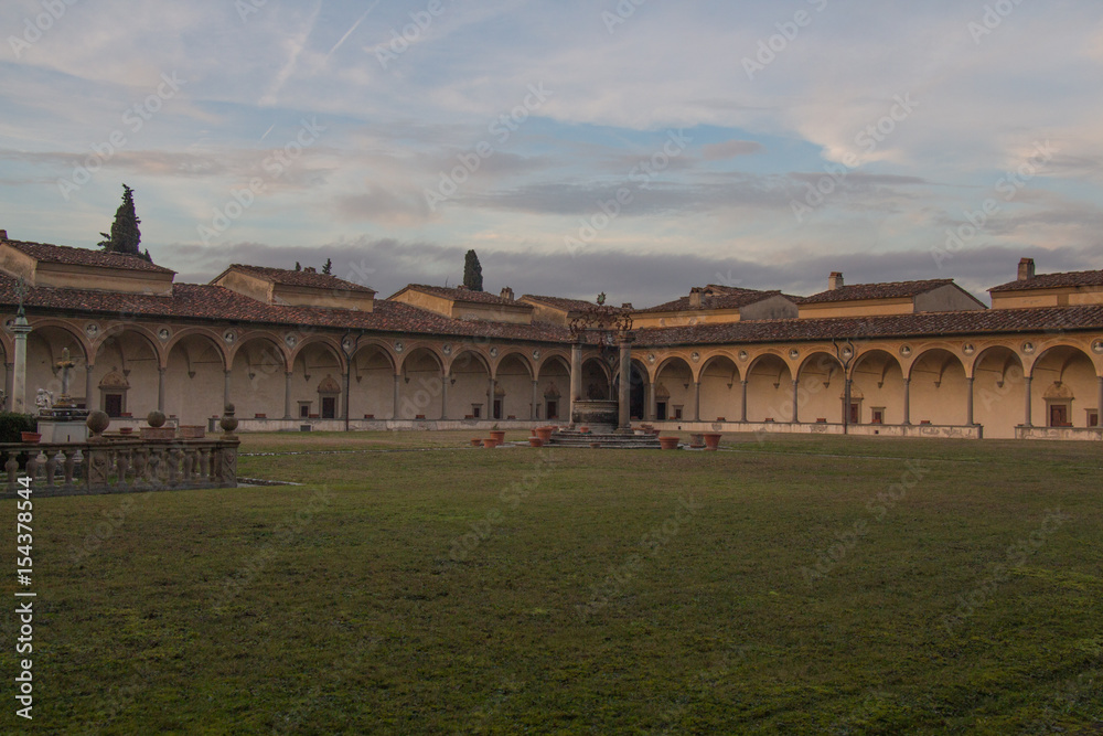 Large cloister of Florence Charterhouse church. Certosa di Galluzzo di Firenze. Italy.