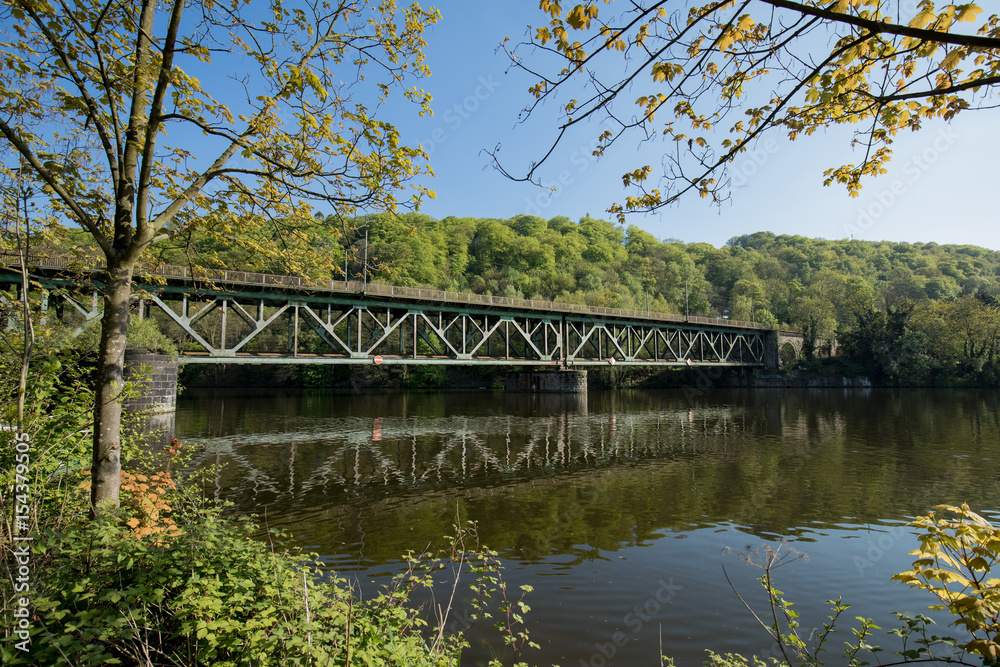 Railway Bridge Steel Over The River Ruhr At Essen Kettwig / Kettwiger See