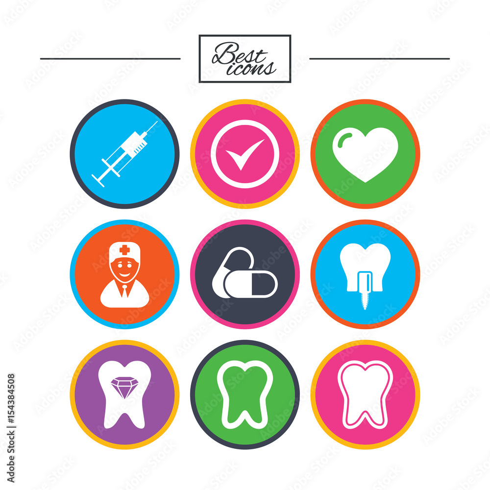 Tooth, dental care icons. Stomatology signs.