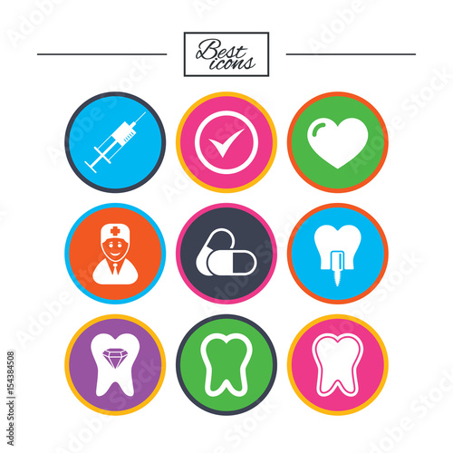 Tooth, dental care icons. Stomatology signs.