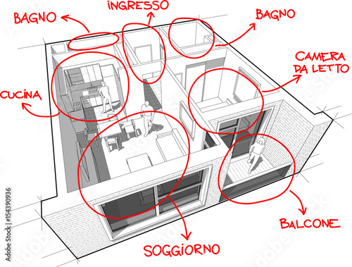 Perspective cut away diagram of a one bedroom apartment completely furnished with red hand drawn room definitions over it  IN ITALIAN LANGUAGE