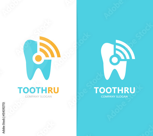 Vector of tooth and wifi logo combination. Dental and signal symbol or icon. Unique clinic and radio, internet logotype design template.