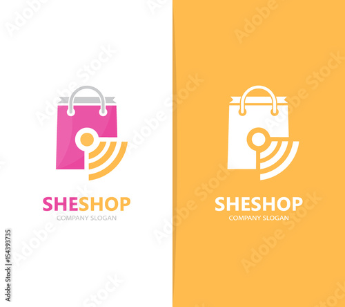 Vector of shop and wifi logo combination. Sale and signal symbol or icon. Unique bag and radio, internet logotype design template.