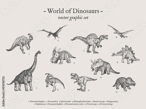 Dinos vintage vector drawings set with sign World of Dinosaurs