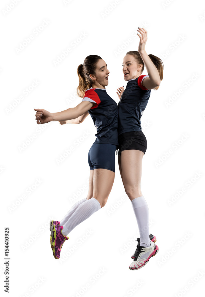 happy female volleyball players isolated on white happy female volleyball players isolated on white