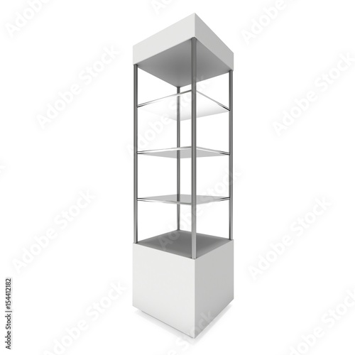 Empty showcase with glass shelves for exhibit. 3D render illustration isolated on white background. Trade show booth blank pedestal for expo design.