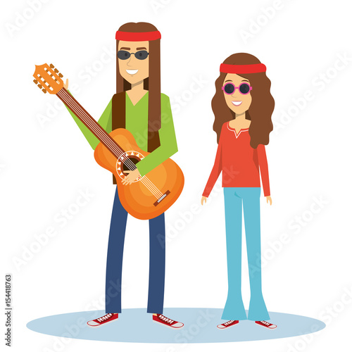 Hippie man with guitar and woman over white background. Vector illustration.