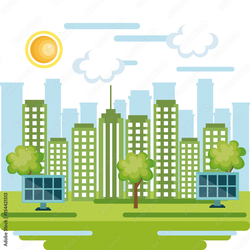 Eco friendly city with solar panels and trees over white background with city skyline. Vector illustration.
