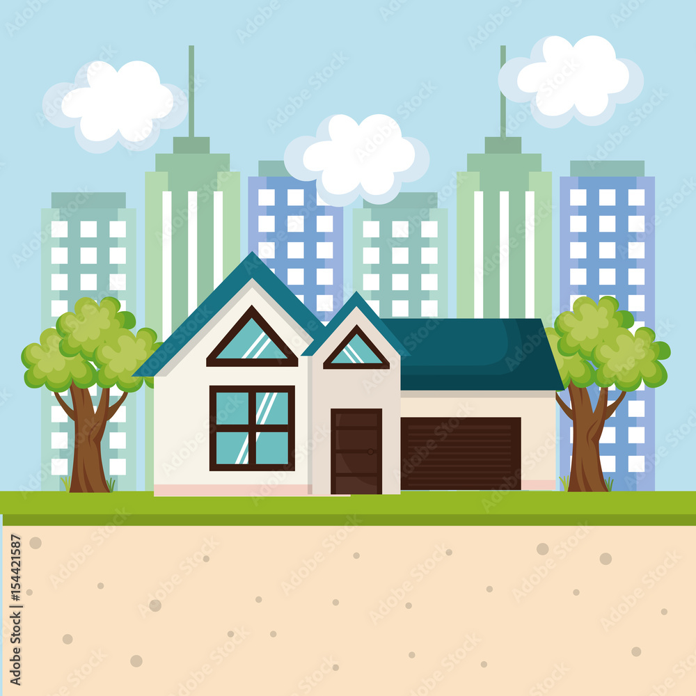 House with trees and city skyline. Vector illustration.