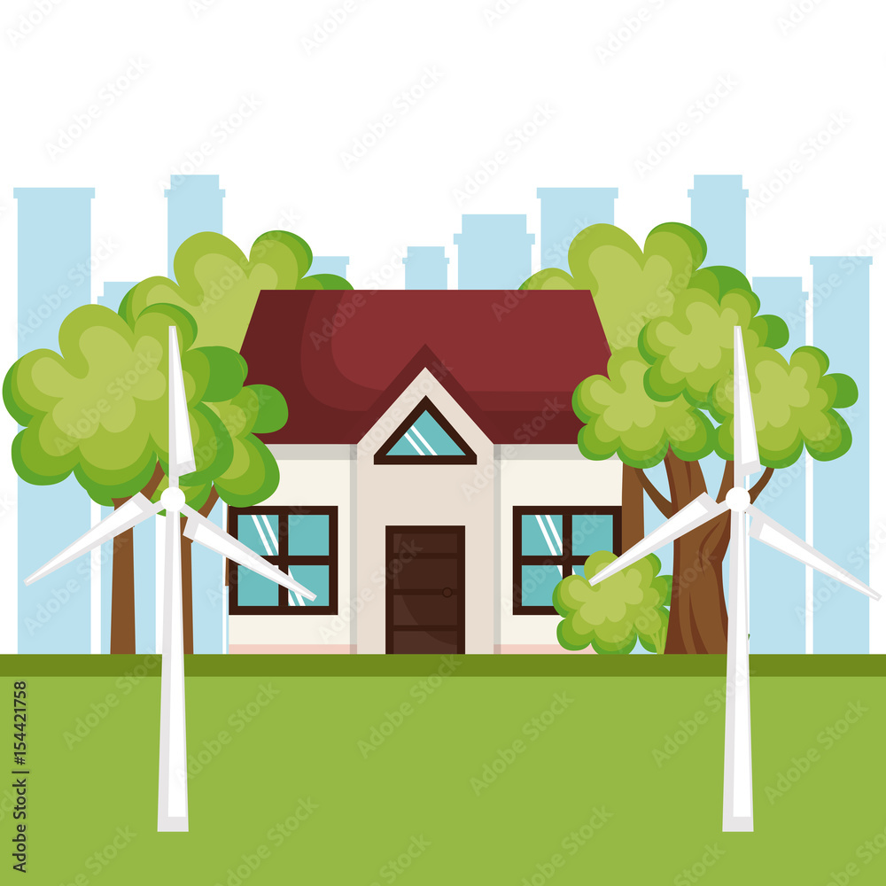 Naklejka premium Eco friendly house with wind turbines over white background with city skyline. Vector illustration.