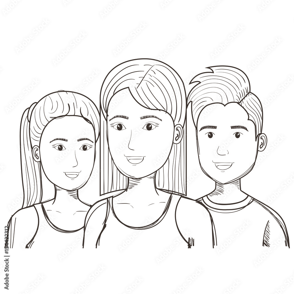 Hand drawn uncolored man and women over white background. Vector illustration. Hand drawn uncolored man and women over white background. Vector illustration.