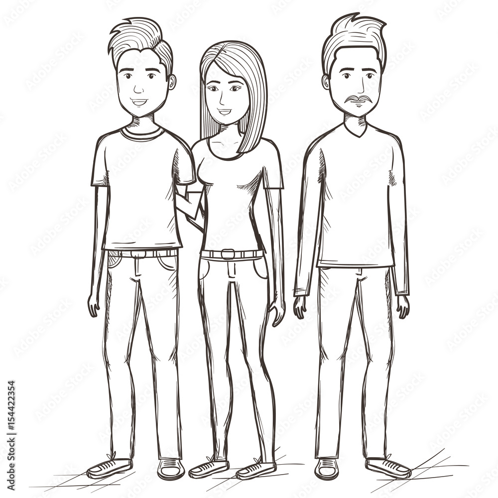 Hand drawn uncolored standing men and woman over white background. Vector illustration. Hand drawn uncolored standing men and woman over white background. Vector illustration.