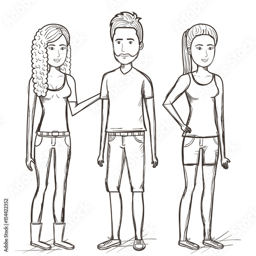 Hand drawn uncolored standing man and women over white background. Vector illustration.