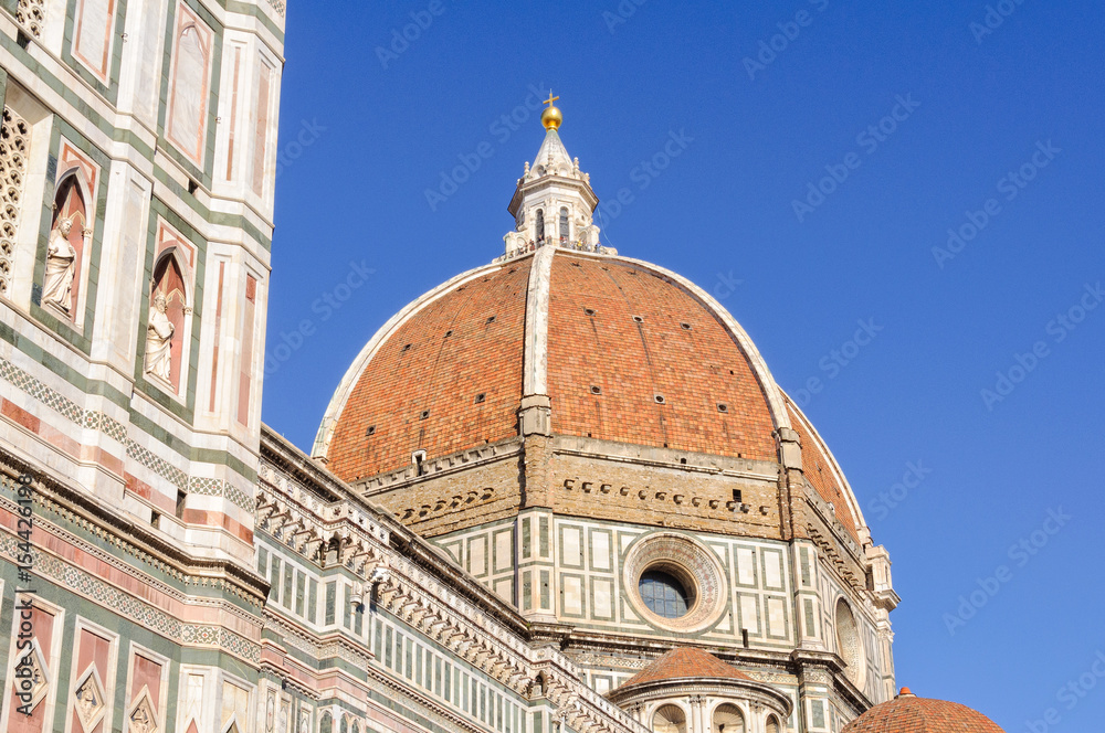 The famous  Brunelleschi`s dome of the Cathedral (Duomo) and the viewing platform on it - Florence, Tuscany, Italy