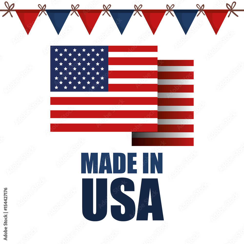 American flag with made in USA sign and festive banner over white background. Vector illustration. American flag with made in USA sign and festive banner over white background. Vector illustration.