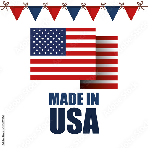 American flag with made in USA sign and festive banner over white background. Vector illustration.
