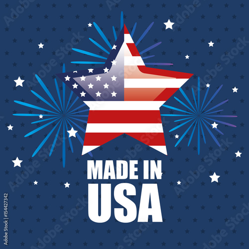 Star with american flag, fireworks and made in USA sign over blue starry background.  Vector illustration.