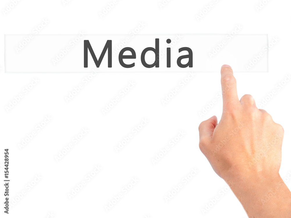Media - Hand pressing a button on blurred background concept on visual screen. Media - Hand pressing a button on blurred background concept on visual screen.