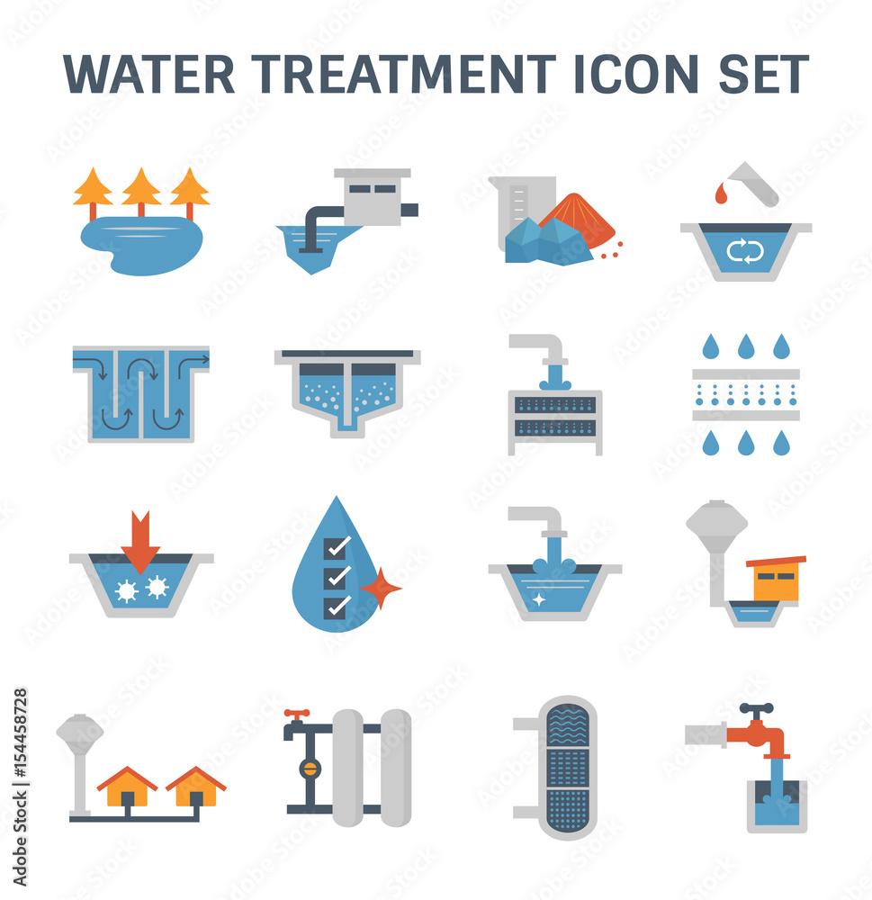 Water treatment system and water filter vector icon set design. Stock