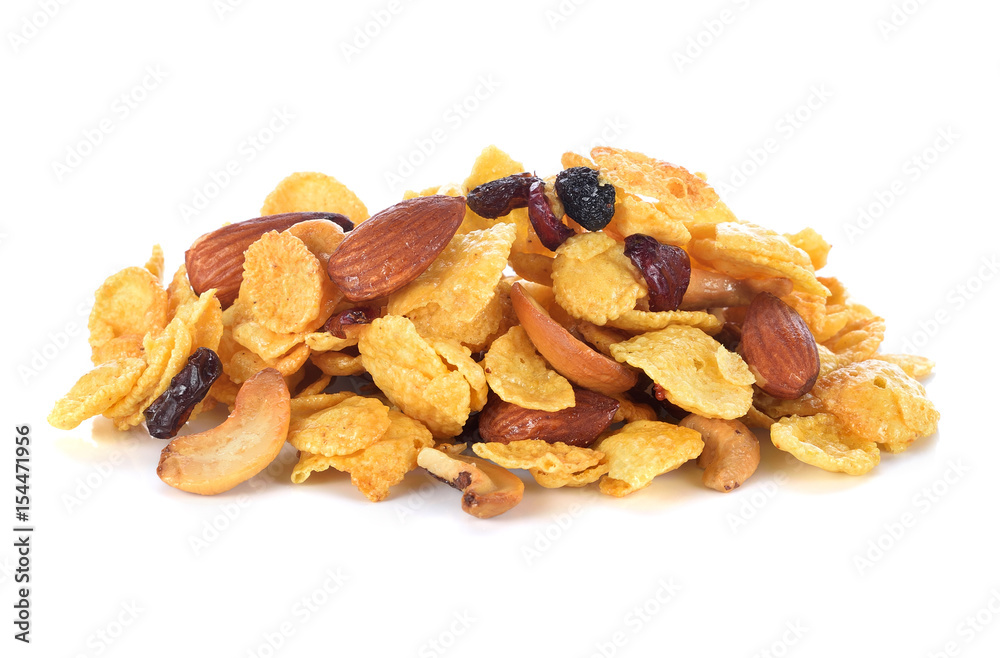 pile of corn flakes and cereals on white background