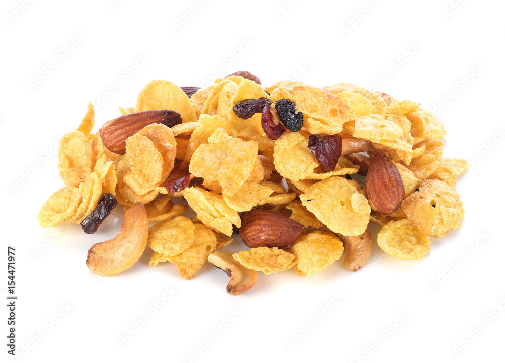 pile of corn flakes and cereals on white background