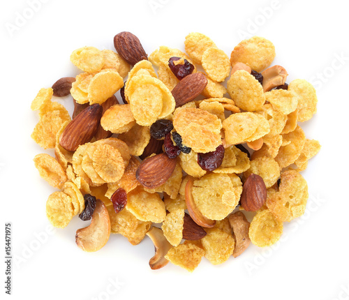 pile of corn flakes and cereals on white background