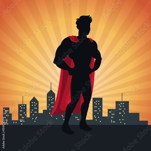 superhero action justice posing front cityscape vector illustration