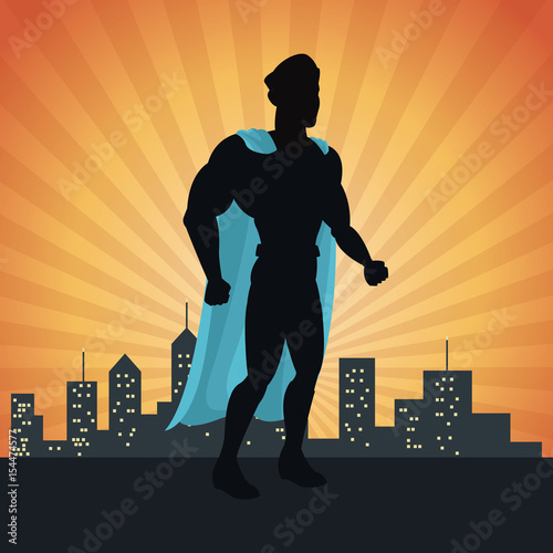 superhero action justice posing front cityscape vector illustration