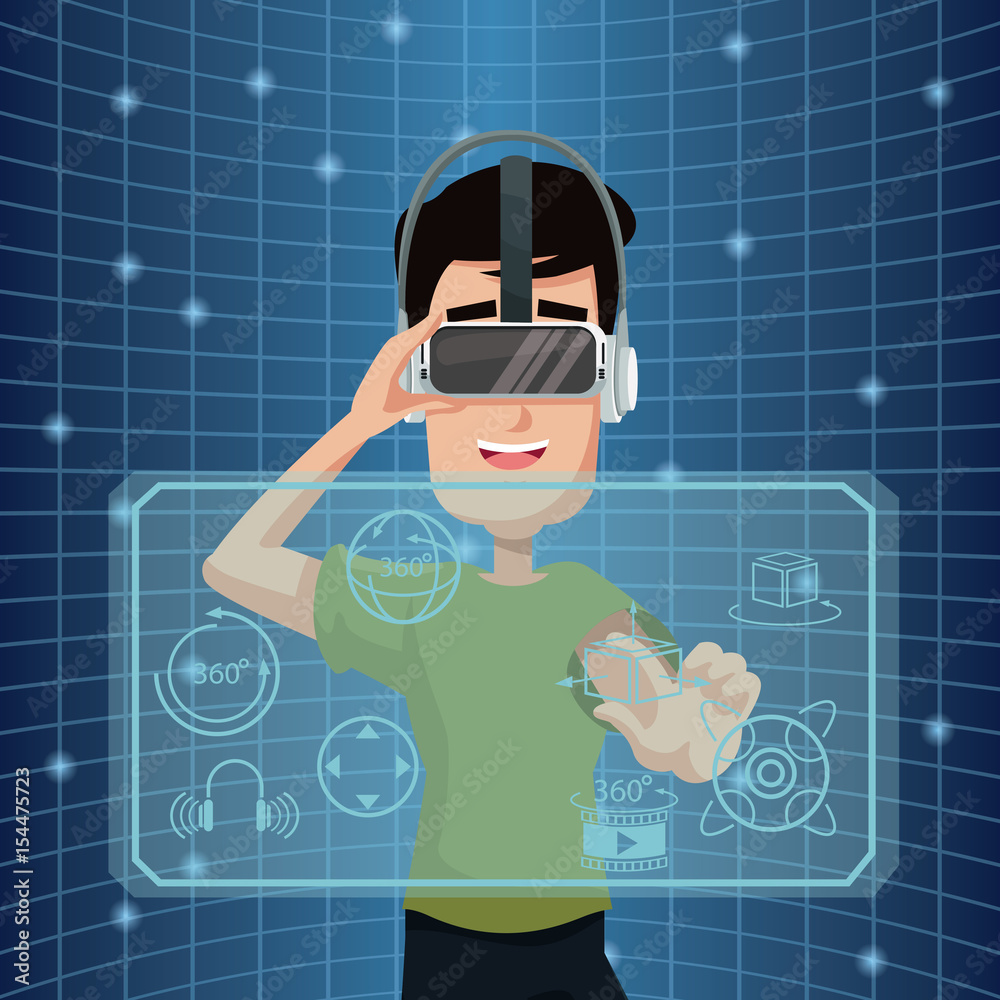 virtual reality wearing goggle three dimensional cyberspace vector illustration