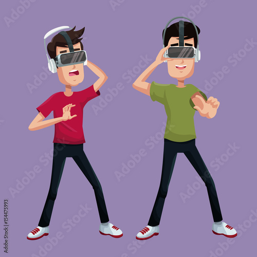 two guy game with virtual reality wearing goggle vector illustration