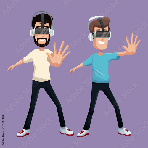 two guy game with virtual reality wearing goggle vector illustration