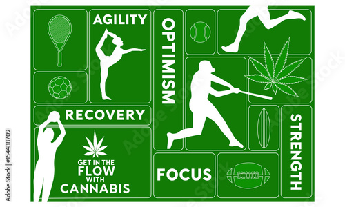 Sports and cannabis graphic on green background with athletes and sports equipment