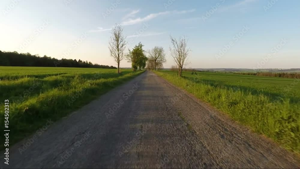 Car driving in evening spring rural countryside road on a sunny day. Landscape with alley of apple flowering trees and blue sky with sunlight, travel and transportation concepts. 60 FPS POV view Car driving in evening spring rural countryside road on a sunny day. Landscape with alley of apple flowering trees and blue sky with sunlight, travel and transportation concepts. 60 FPS POV view