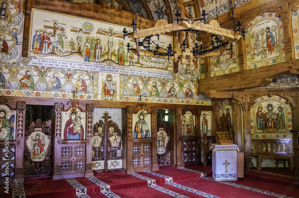 Interior  of wooden church of Barsana monastery. Maramures region, Romania