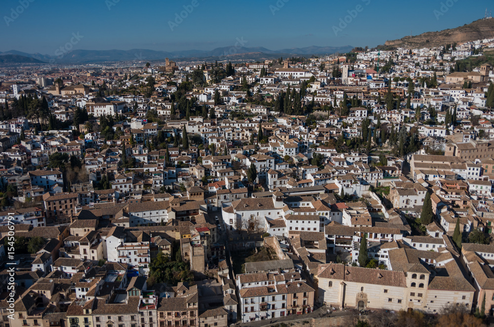 Cityscape. Panorama view of Granada old city from tower of Alhambra Palace. Granada, Spain.