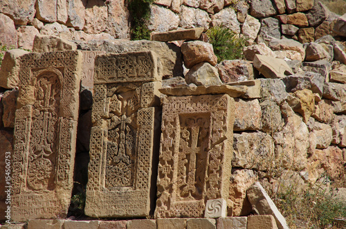 Khachkar (cross stone), Medieval Noravank monastery complex in Amaghu valley, Armenia photo