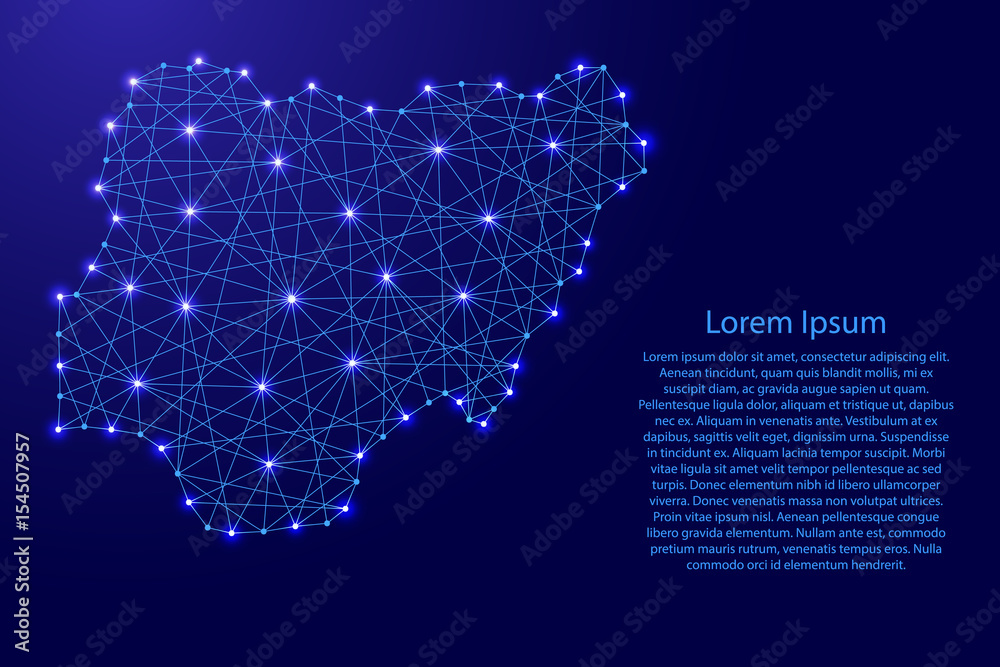 Map of Nigeria from polygonal blue lines and glowing stars vector illustration