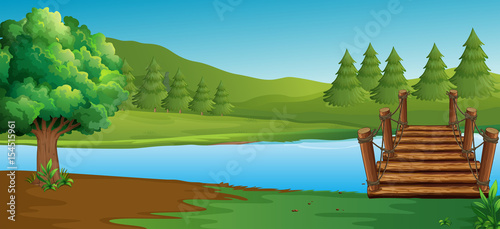 Scene with river and pine trees © GraphicsRF