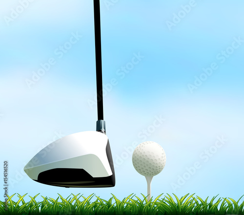Golf club and golf ball on the lawn